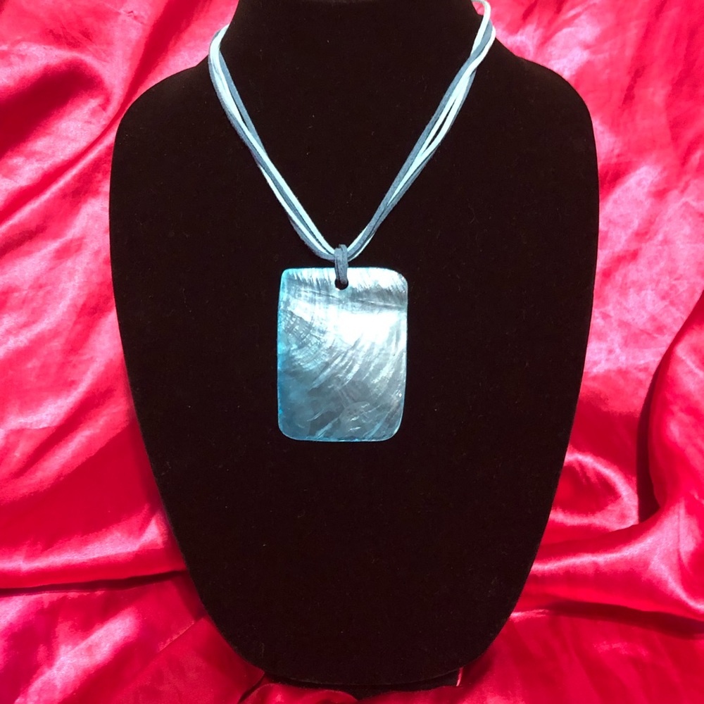 Statement Summer Necklace 4 Suede Strands with Teal Blue Shell Pendant S…